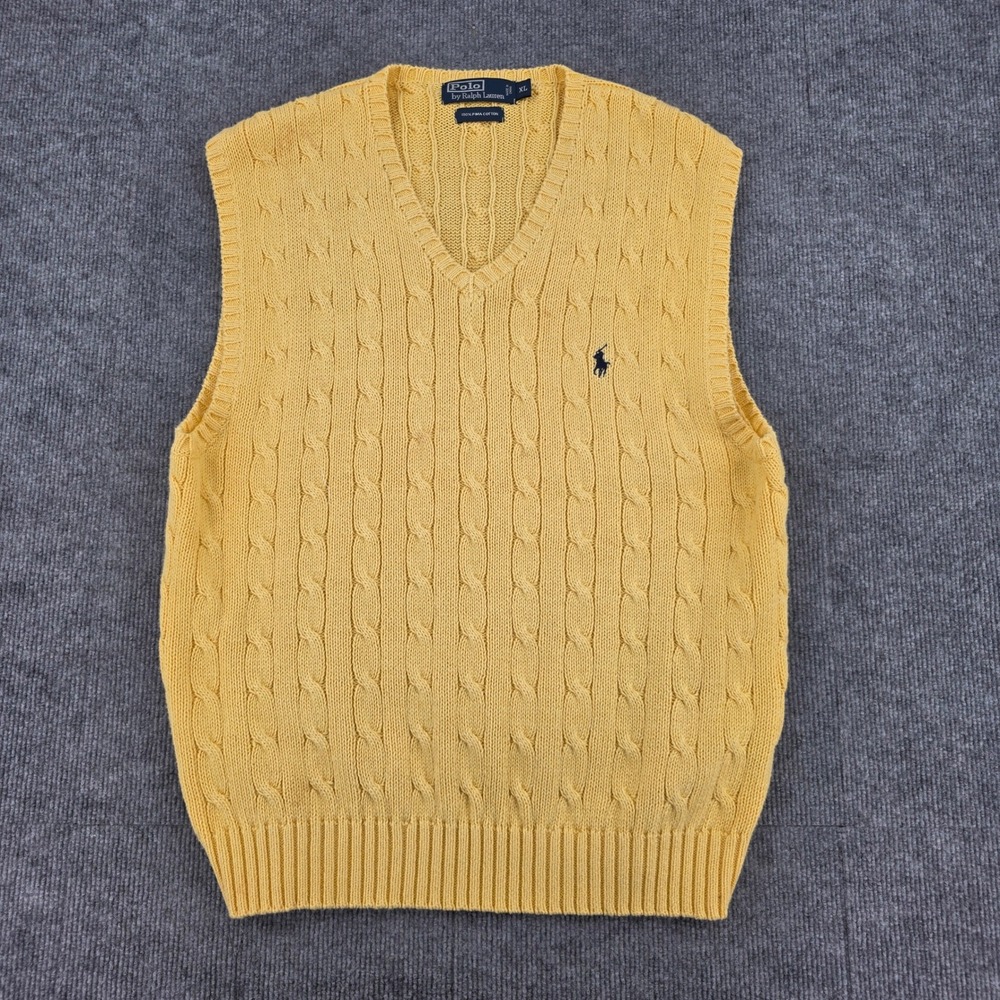 Polo Ralph Lauren Yellow Pima Cotton Cable Knit V-Neck Sweater Vest XL